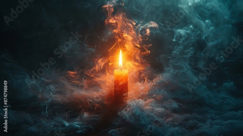 Candle light against dark black background and smoke