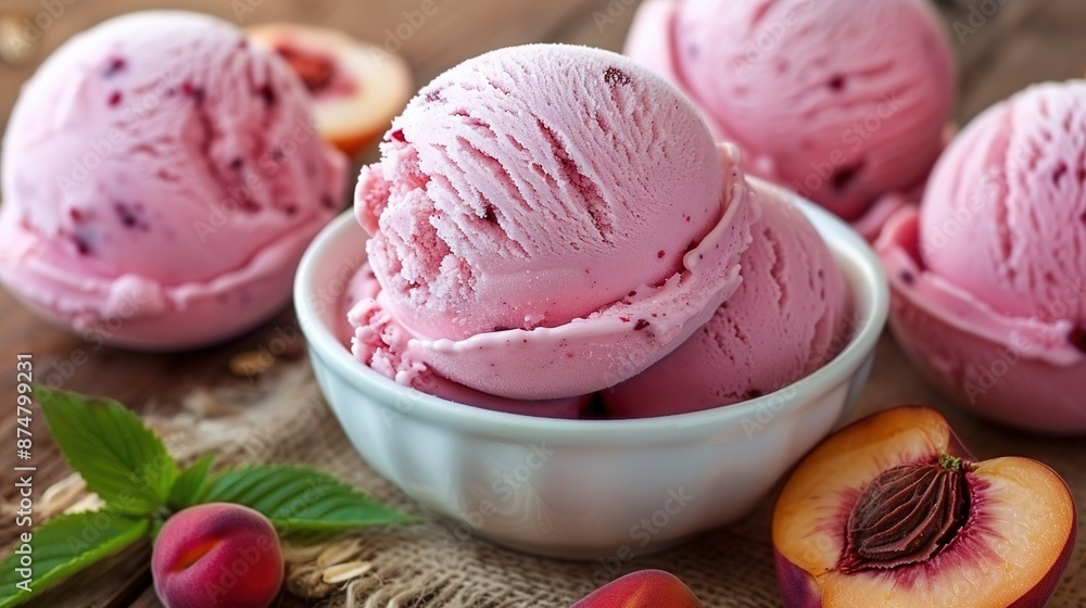 A bowl of pink ice cream with sliced peaches and a green leaf on the side A bowl of pink ice cream with sliced peaches and a green leaf on the side