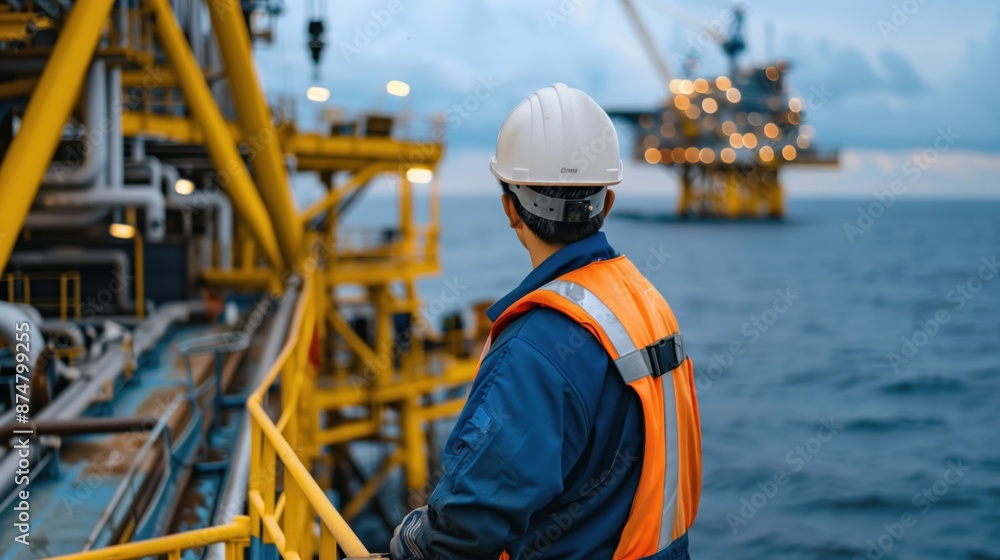 A male offshore worker in a safety vest standing on a railing overlooking a large oil and gas rig (upstream oil and gas industry) A male offshore worker in a safety vest standing on a railing overlooking a large oil and gas rig (upstream oil and gas industry)