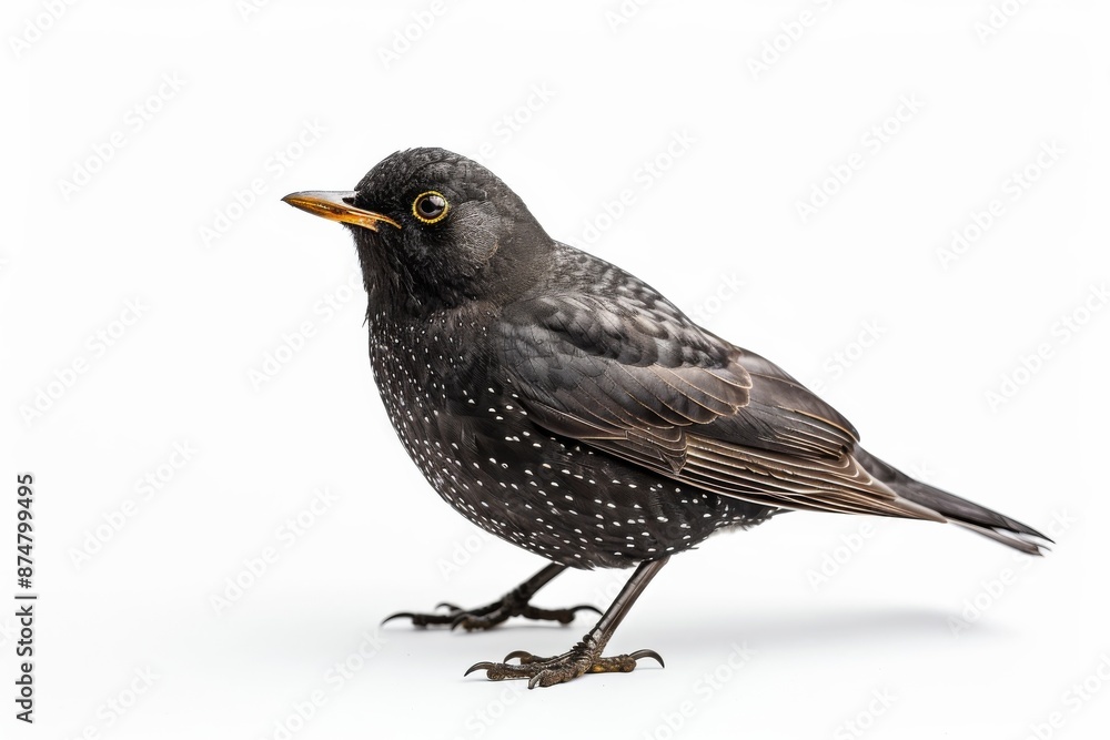 A blackbird with white spots stands on a white background, looking to the left with its head tilted. Its yellow eyes and beak are clearly visible A blackbird with white spots stands on a white background, looking to the left with its head tilted. Its yellow eyes and beak are clearly visible