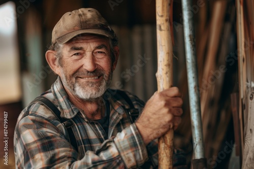 A close-up portrait of a smiling farmer wearing a plaid shirt and a baseball cap, holding a wooden tool in a rustic barn setting