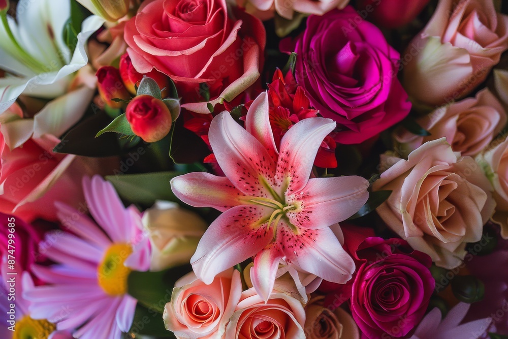 A close-up view of a colorful bouquet of flowers, featuring pink lilies, red roses, and other blooms, arranged for a Mother's Day celebration A close-up view of a colorful bouquet of flowers, featuring pink lilies, red roses, and other blooms, arranged for a Mother's Day celebration