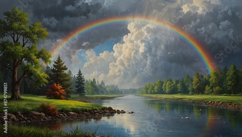 A painting capturing the vibrant colors of a rainbow after a gentle spring shower ai_generated