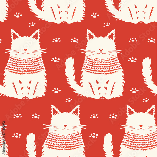 Seamless pattern of cute white cats wearing sweaters on red background