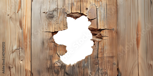 Hole in weathered wooden wall, cut out photo