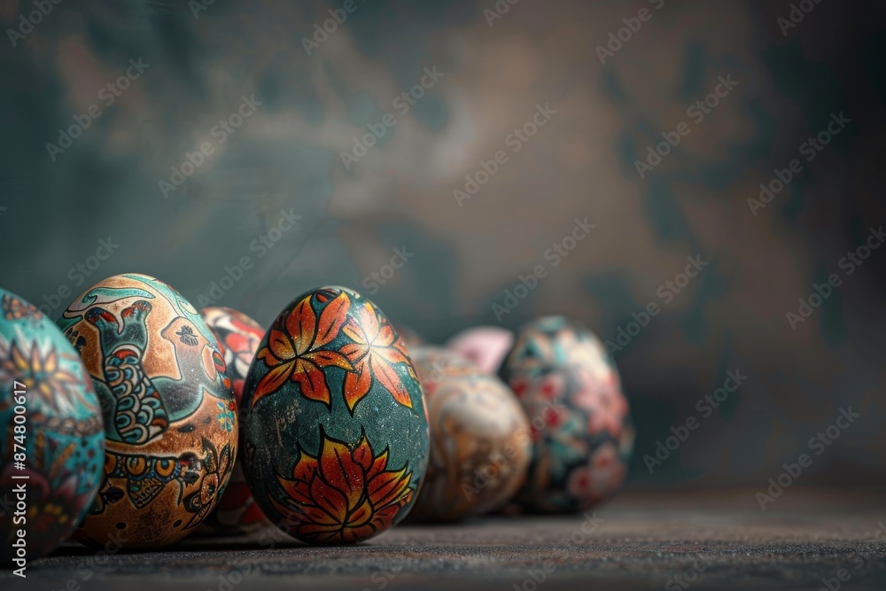 A row of Easter eggs decorated with tattoo-inspired motifs sit on a dark, moody background A row of Easter eggs decorated with tattoo-inspired motifs sit on a dark, moody background