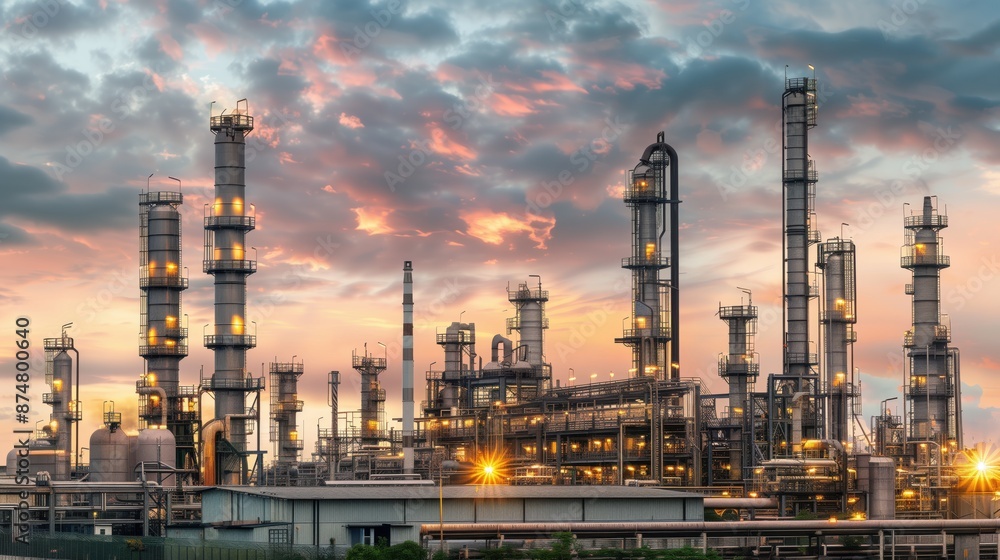 A large oil and gas production facilities industrial complex with pipeline structures and chimneys A large oil and gas production facilities industrial complex with pipeline structures and chimneys