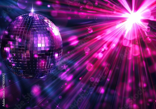 A disco ball reflecting vibrant pink and purple lights, creating a dazzling and energetic atmosphere.