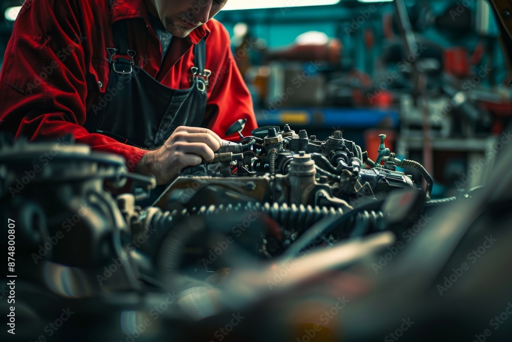 A skilled auto technician carefully inspects the engine of a vehicle, showcasing precision and attention to detail A skilled auto technician carefully inspects the engine of a vehicle, showcasing precision and attention to detail
