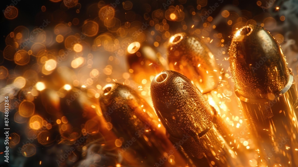 Several bullets fly through the air at close range, creating a cinematic feel. The background is dark and blurry, with a little light illuminating each bullet. Several bullets fly through the air at close range, creating a cinematic feel. The background is dark and blurry, with a little light illuminating each bullet.