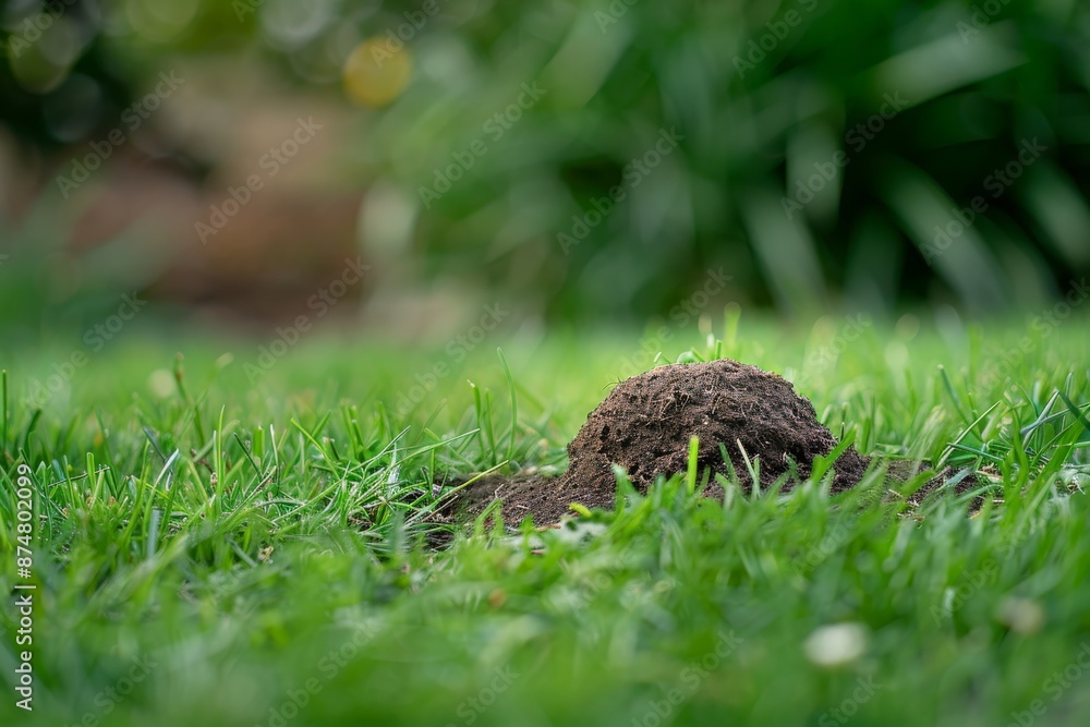 A freshly dug molehill stands out against the background of a pristine, green lawn A freshly dug molehill stands out against the background of a pristine, green lawn
