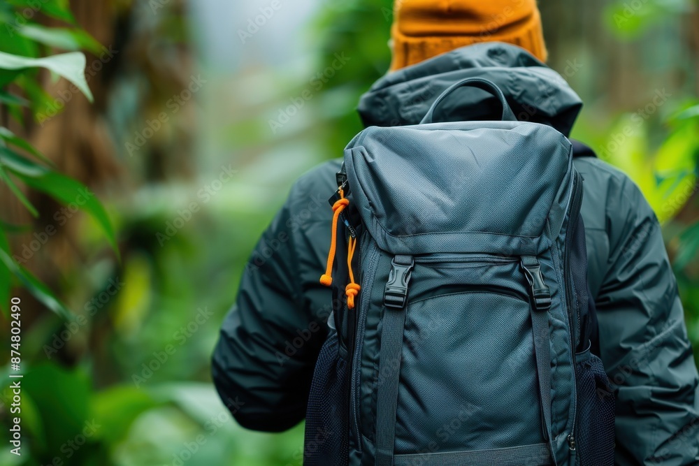 Person with backpack exploring lush forest, dressed in outdoor gear with vibrant green foliage and serene natural scenery. Person with backpack exploring lush forest, dressed in outdoor gear with vibrant green foliage and serene natural scenery.