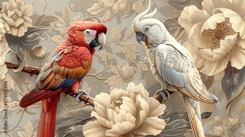 Red parrot and white cockatoo surrounded by detailed beige floral relief sculpture. Art concept for design and print. photo