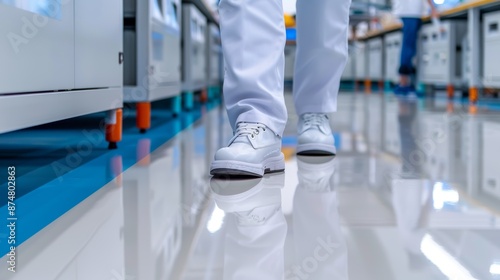 Person in white pants and shoes walking in a clean laboratory or industrial setting with highly polished floors.