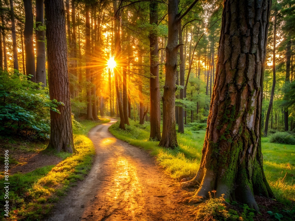 Obraz premium Warm sunset light filters through forest trees, illuminating a meandering path lined with lush greenery and featuring a close-up view of textured tree bark.