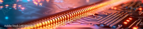 Close-up of a vibrant, illuminated circuit board, showcasing microchips and electronic components in a futuristic technology environment.