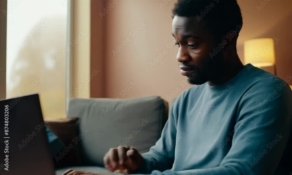 A man is sitting on a couch and using a laptop. He is wearing a blue shirt and he is focused on his work A man is sitting on a couch and using a laptop. He is wearing a blue shirt and he is focused on his work