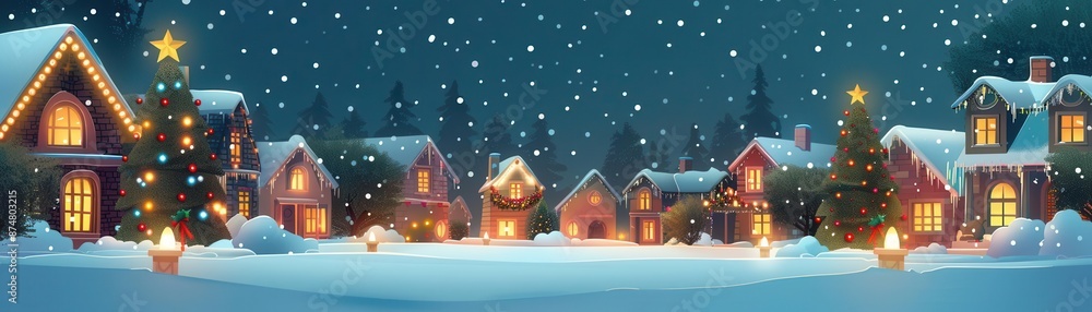 Fototapeta premium Snowy night, Christmas lights, neighborhood cheer, flat design illustration