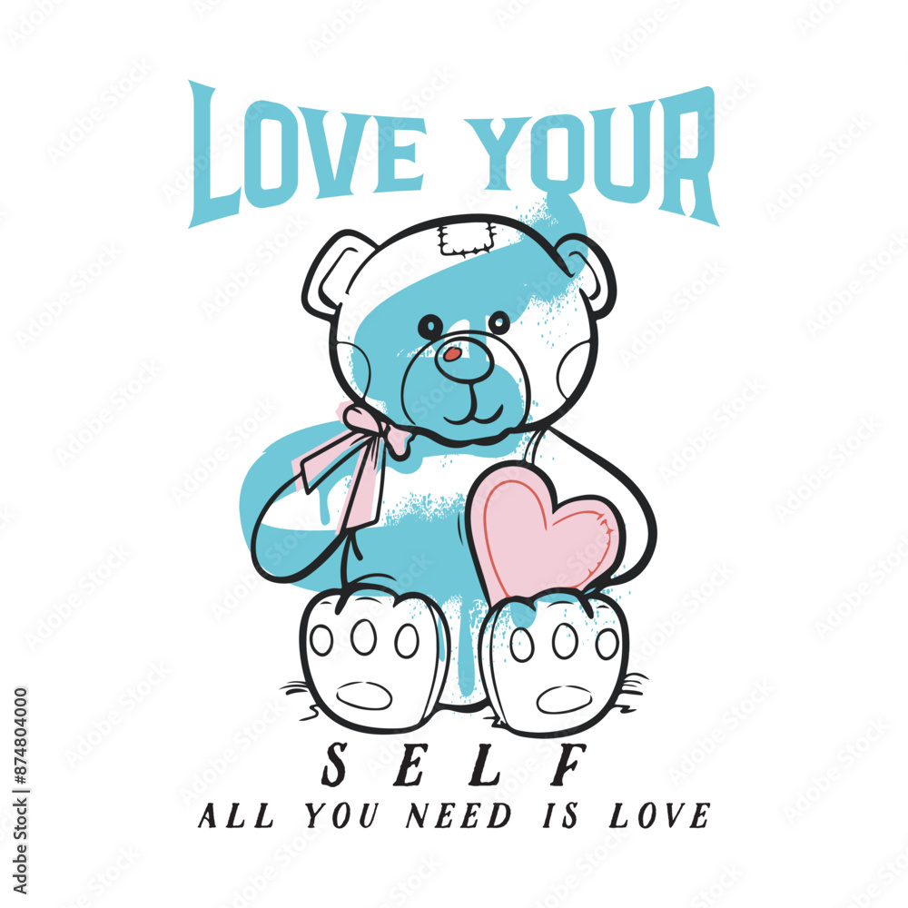 Fototapeta premium Retro urban style grunge Love concept teddy bear drawing and cool slogan text. typography and heart shape. Vector illustration design for fashion graphic, t shirt print, poster, sticker, slogan tee