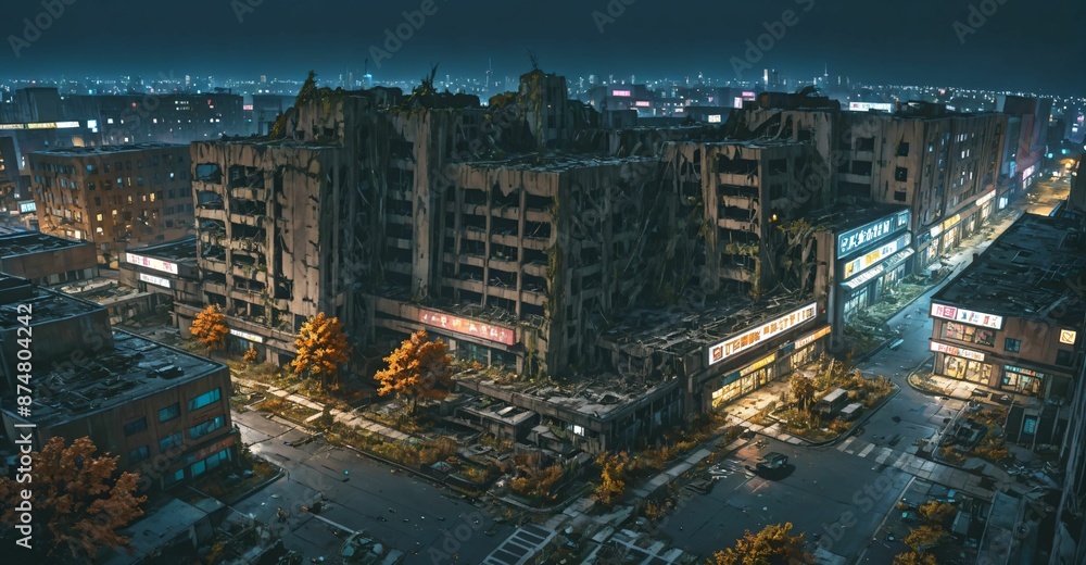 Obraz premium abandoned city town wasteland in autumn at night. rotting old buildings and overgrown towers. cars, junk, debris, and rubble.