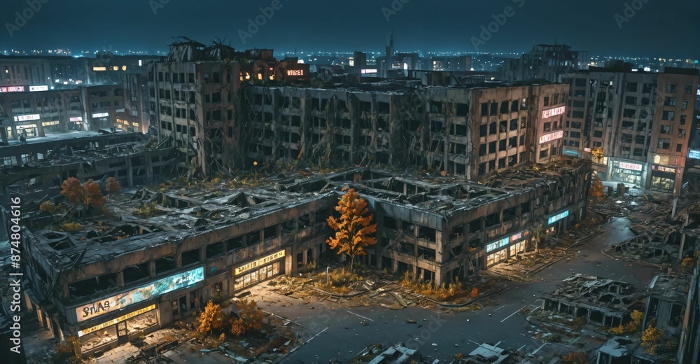 Obraz premium dark dystopian cyberpunk abandoned derelict city buildings parking lot in post apocalyptic aftermath overgrown town at night in autumn fall. neon lights with scattered debris, rubble, and junk.