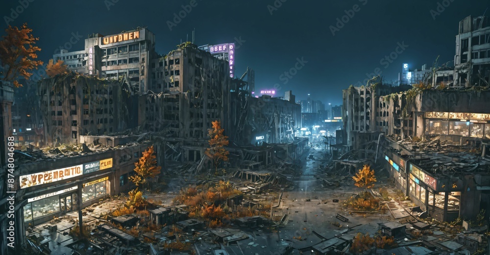 Fototapeta premium dark dystopian cyberpunk abandoned derelict city buildings parking lot in post apocalyptic aftermath overgrown town at night in autumn fall. neon lights with scattered debris, rubble, and junk.