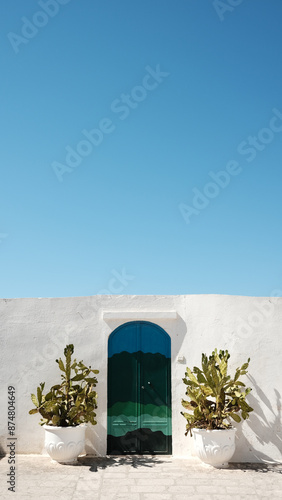 blue door with cactus pots and vintage bicycle in ostuni puglia photo