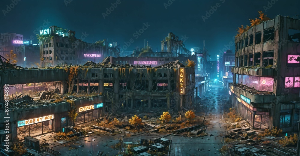 Fototapeta premium dark dystopian cyberpunk abandoned derelict city buildings parking lot in post apocalyptic aftermath overgrown town at night in autumn fall. neon lights with scattered debris, rubble, and junk.