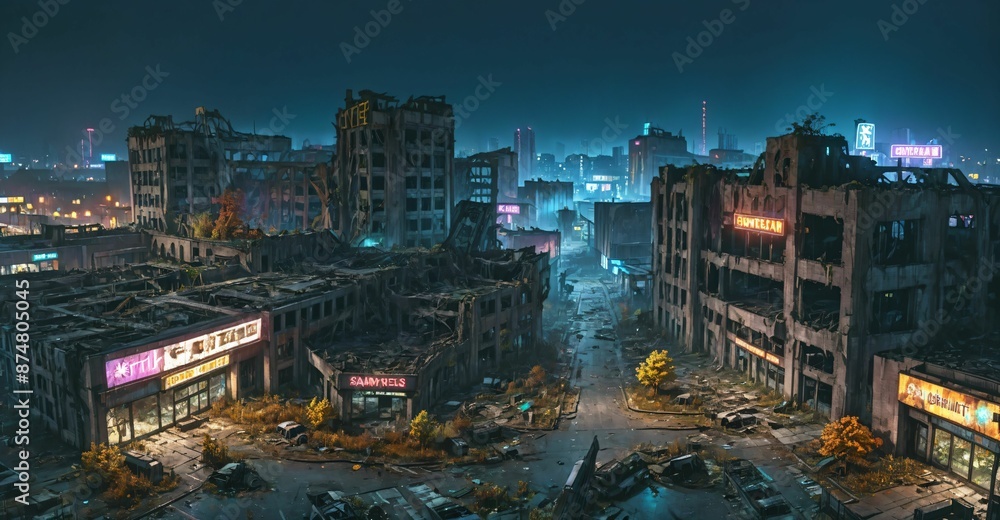 Obraz premium dark dystopian cyberpunk abandoned derelict city buildings parking lot in post apocalyptic aftermath overgrown town at night in autumn fall. neon lights with scattered debris, rubble, and junk.