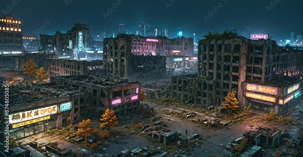 Obraz premium dark dystopian cyberpunk abandoned derelict city buildings parking lot in post apocalyptic aftermath overgrown town at night in autumn fall. neon lights with scattered debris, rubble, and junk.