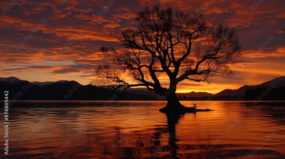 At sunrise, the Wanaka tree stands alone but majestic in Lake Wanaka, its silhouette creating a striking contrast against the dawn sky in Wanaka, New Zealand. At sunrise, the Wanaka tree stands alone but majestic in Lake Wanaka, its silhouette creating a striking contrast against the dawn sky in Wanaka, New Zealand.