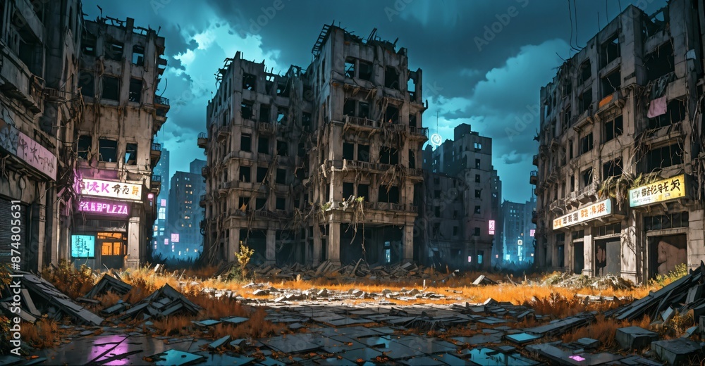 Obraz premium dark dystopian cyberpunk abandoned derelict city buildings in post apocalyptic aftermath overgrown town at night in autumn fall. neon lights with scattered debris, rubble, and junk.