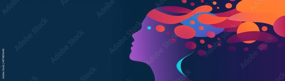 Abstract digital art of a woman's profile with vibrant colors and flowing shapes, representing creativity and imagination. Abstract digital art of a woman's profile with vibrant colors and flowing shapes, representing creativity and imagination.