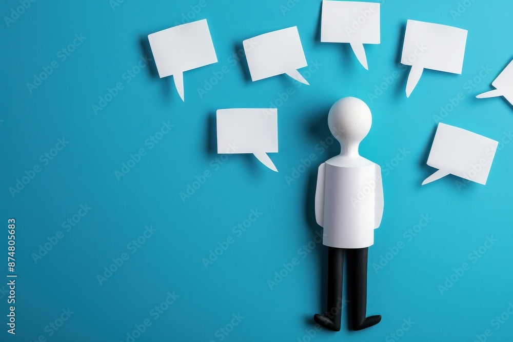 Concept of communication and feedback. A 3D person with speech bubbles on a blue background, illustrating discussion and idea exchange.