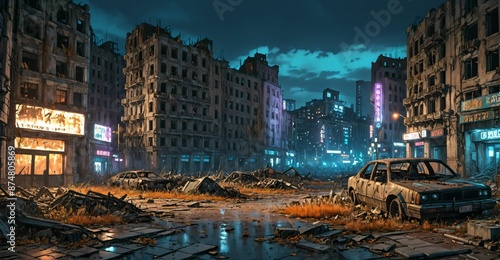 abandoned buildings cyberpunk dystopian city derelict post apocalyptic overgrown town ruins street at night in autumn. littered with debris, rubble, junk, and old cars.