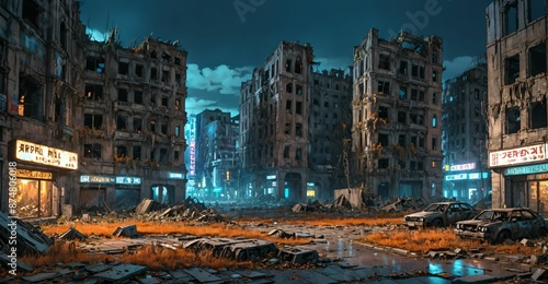 abandoned buildings cyberpunk dystopian city derelict post apocalyptic overgrown town ruins street at night in autumn. littered with debris, rubble, junk, and old cars.