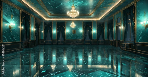 luxury ballroom interior of palace castle mansion with aquamarine turquoise theme embellishments and gothic style iconography. luxury home flooring and ceiling.