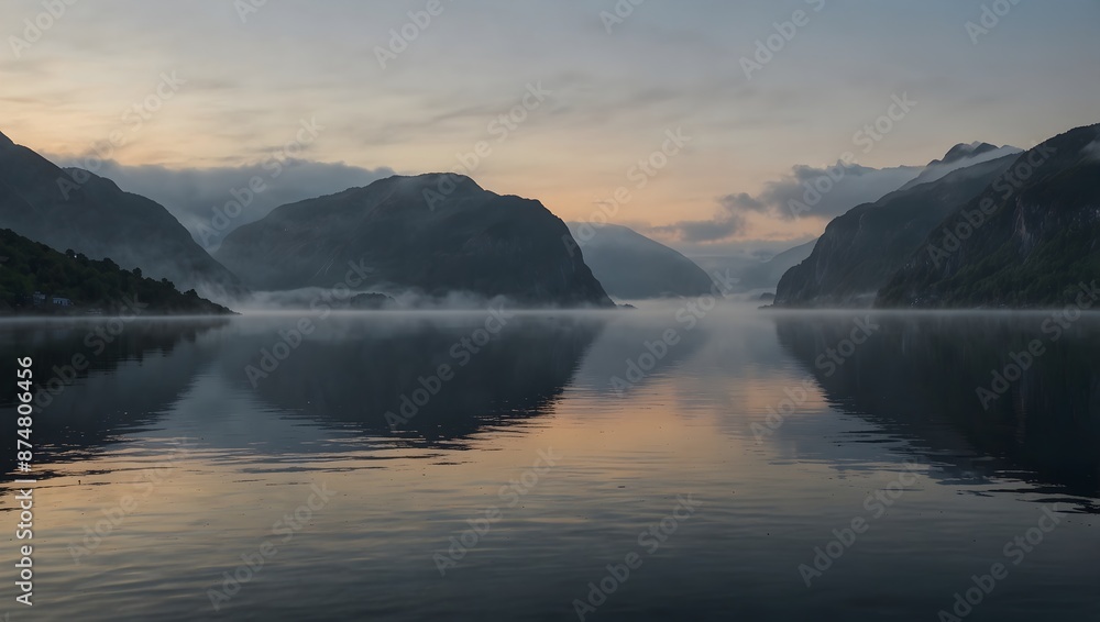 The tranquility of a fjord at dawn, with mist hovering over the still waters ai_generated The tranquility of a fjord at dawn, with mist hovering over the still waters ai_generated