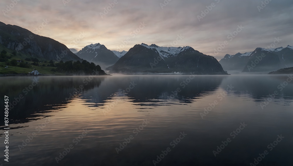 Fototapeta premium The tranquility of a fjord at dawn, with mist hovering over the still waters ai_generated