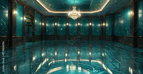 luxury ballroom interior of palace castle mansion with aquamarine turquoise theme embellishments and gothic style iconography. luxury home flooring and ceiling. photo