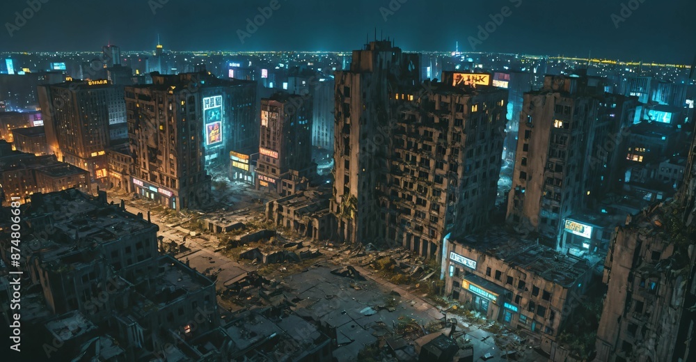 Obraz premium abandoned dystopian cyberpunk city ruins derelict buildings and towers at night. urban town district overgrown building exterior cityscape.