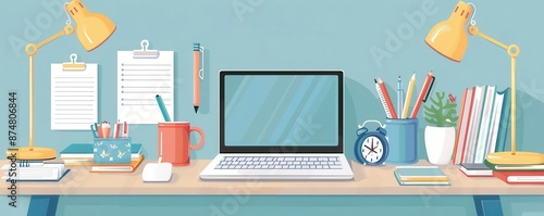 Illustration of a tidy home office workspace with a laptop, books, lamp, and stationery, ideal for productivity and remote working concepts. photo