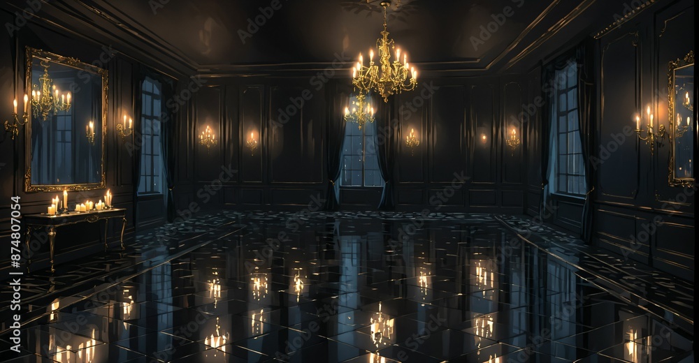 Obraz premium dark ballroom palace mansion castle room interior at night. luxury gothic Victorian decor and design. candlelight lighting with city view out of windows.