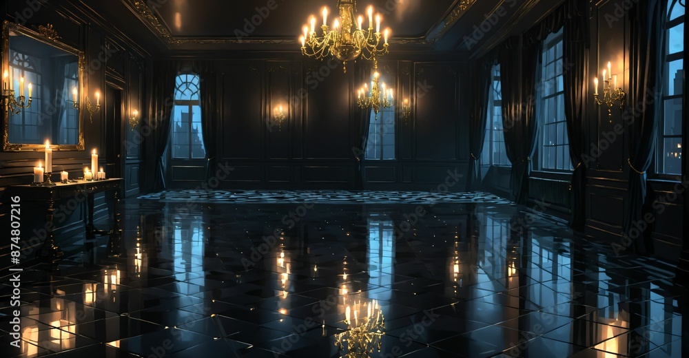dark ballroom palace mansion castle room interior at night. luxury gothic Victorian decor and design. candlelight lighting with city view out of windows. dark ballroom palace mansion castle room interior at night. luxury gothic Victorian decor and design. candlelight lighting with city view out of windows.