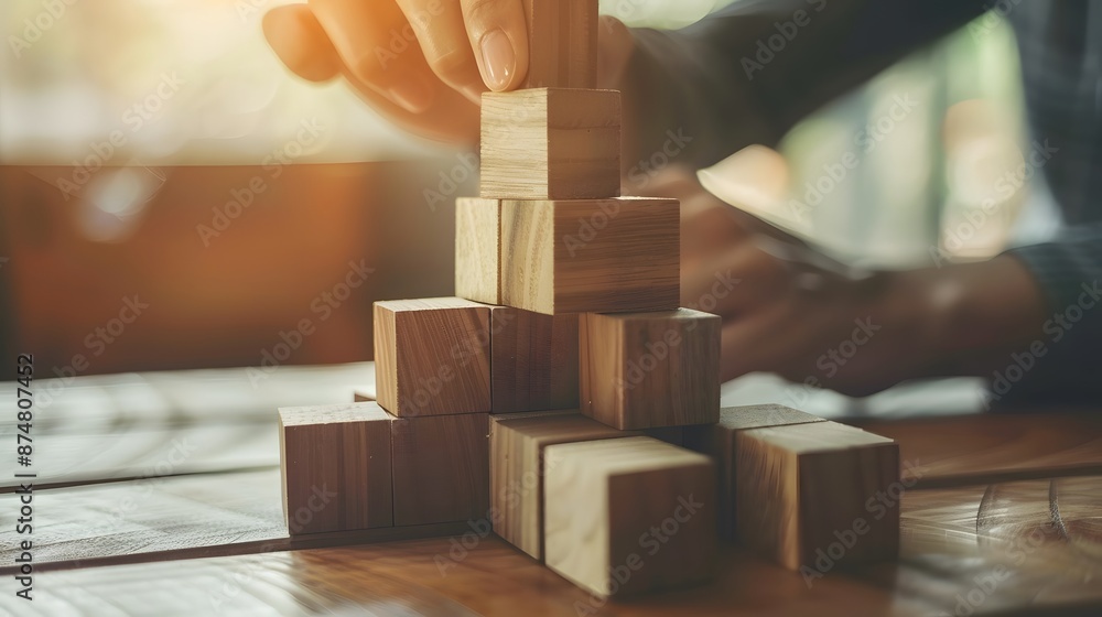 business development and growth success process concept, close up hand arranging wood block stacking, background with copy space. business development and growth success process concept, close up hand arranging wood block stacking, background with copy space.