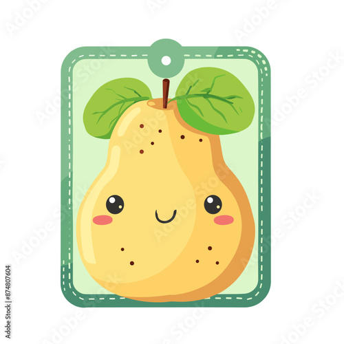Cute cartoon pear with green leaves and a happy smile on a green tag