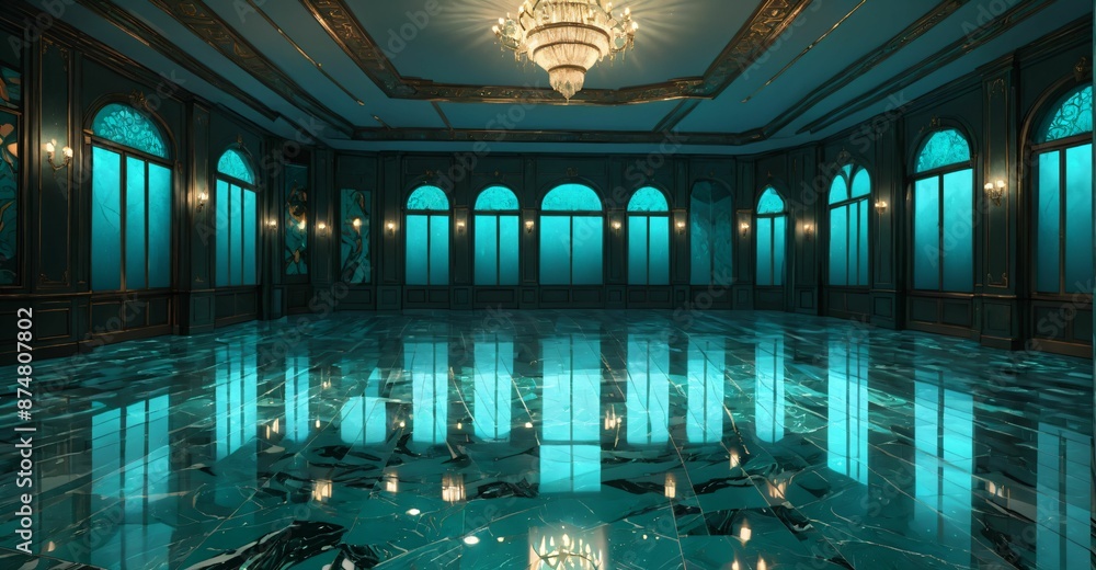 Obraz premium ballroom interior of palace mansion castle. luxury turquoise cobalt sea green design and decor. marble polished reflective floor, chandelier, and windows. grand hall auditorium hallway.