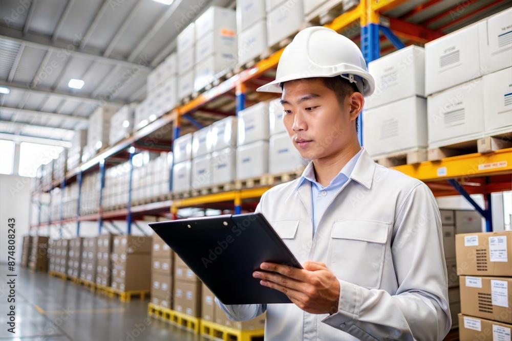 Asian Logistics Manager Reviewing Inventory in Modern Warehouse Facility
Asian Logistics Manager Reviewing Inventory in Modern Warehouse Facility