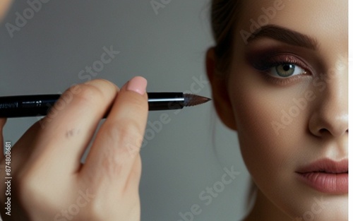 A make-up artist working on a model.
 photo