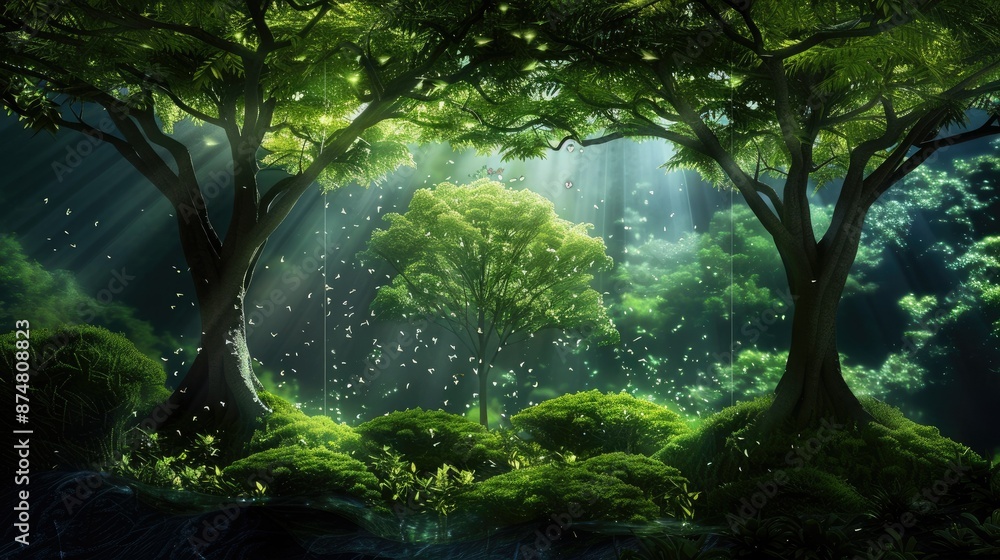 Fototapeta premium Enchanting forest scene with lush greenery, sunlight filtering through trees, and magical atmosphere. Perfect for nature, fantasy, and tranquility themes.